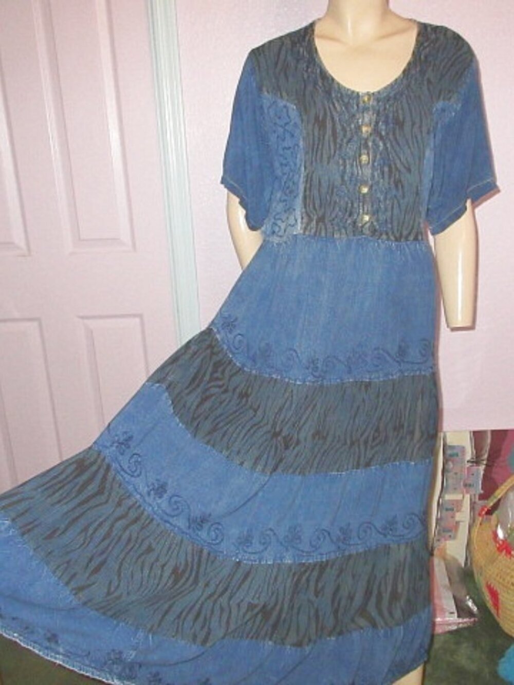 Vtg 90s Embroidered Tiered Midi Dress Size L Tie Back Renaissance Fairy Peasant